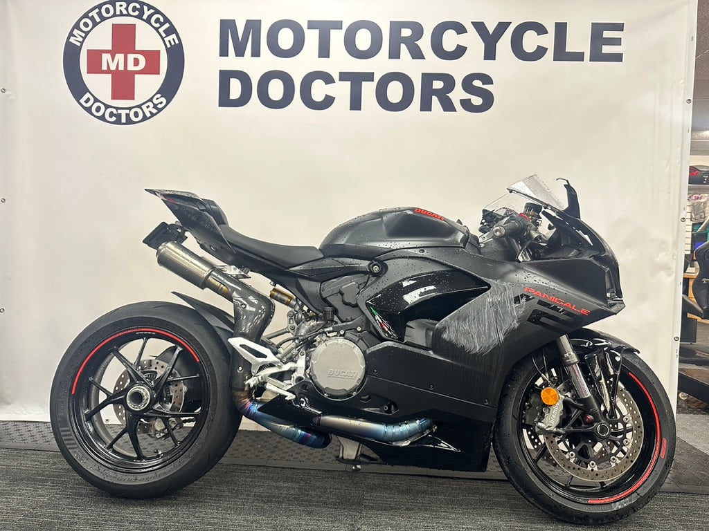Damaged Ducati Panigale awaiting insurance assessment at Motorcycle Doctors Auckland