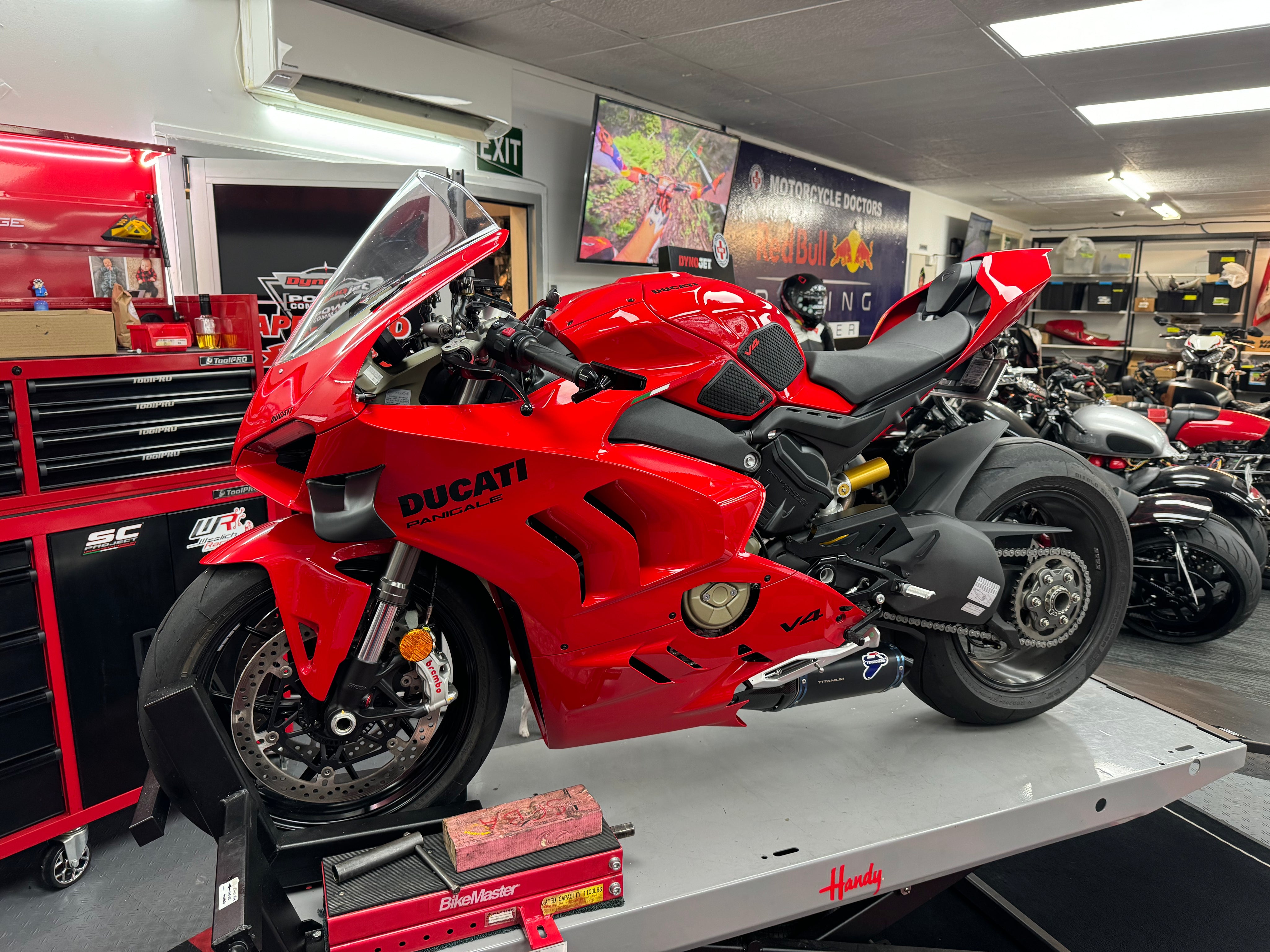 Motorcycle undergoing a standard service at Motorcycle Doctors workshop in Auckland