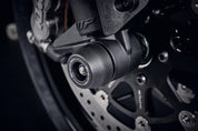 The injection-moulded nylon crash bung of EP Front Spindle Bobbins fastened onto the front wheel of the KTM 1290 Super Duke GT, providing robust crash protection to the front forks and brake calipers.