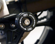 EP Paddock Stand Bobbins attached to the swingarm of the Aprilia RSV1000 R, ready to catch C or V cup paddock stands.